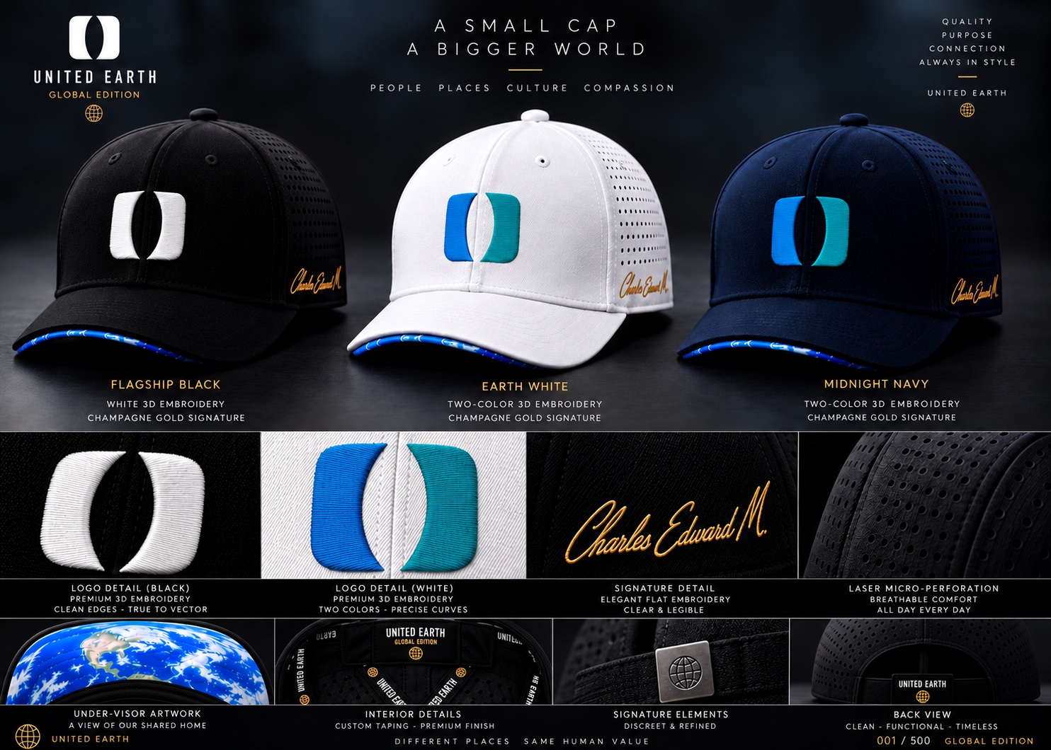 Illustrative concept board showing black, white and navy United Earth caps with construction details.