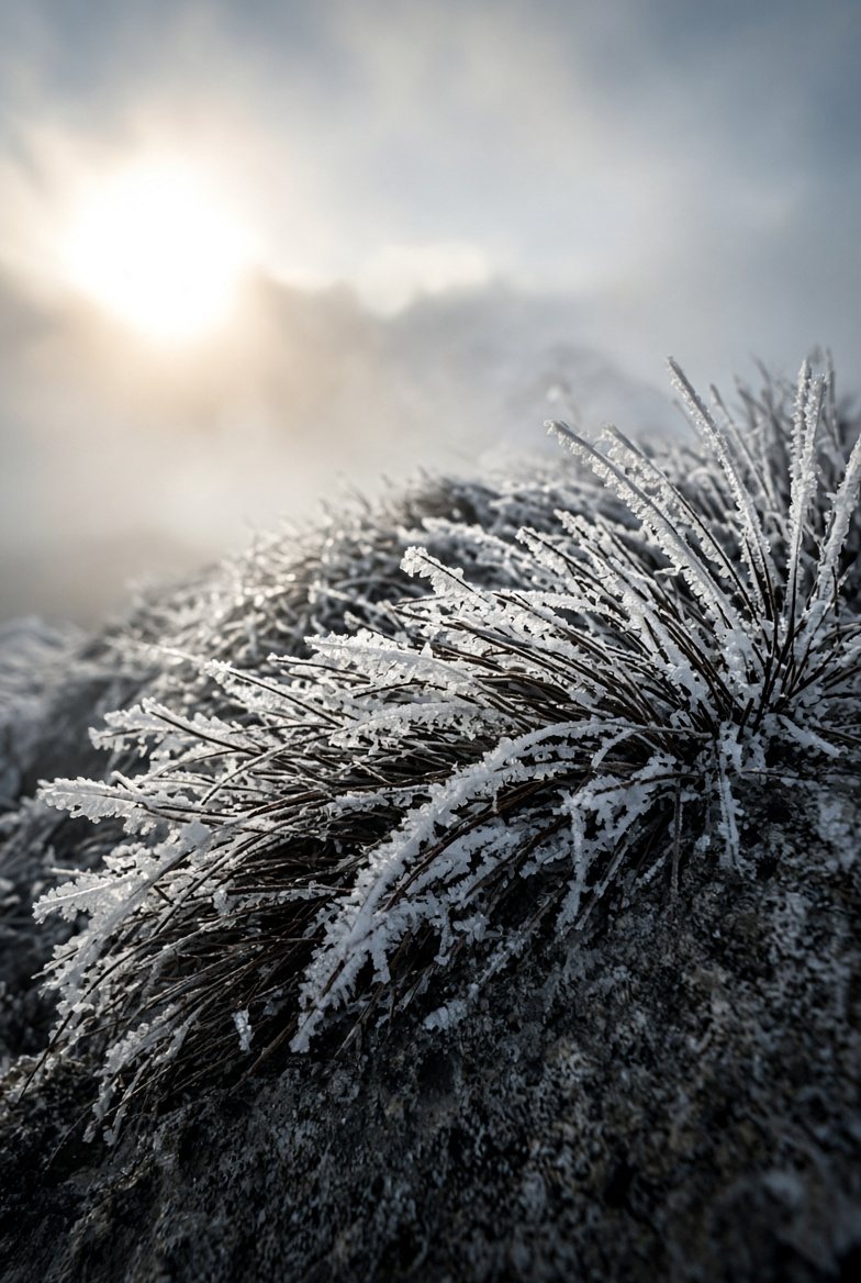 Concept study of rime ice covering alpine grass.