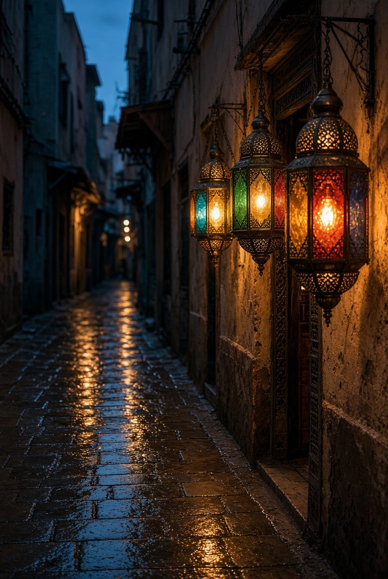 Concept study of warm lamps in a rain-darkened alley.