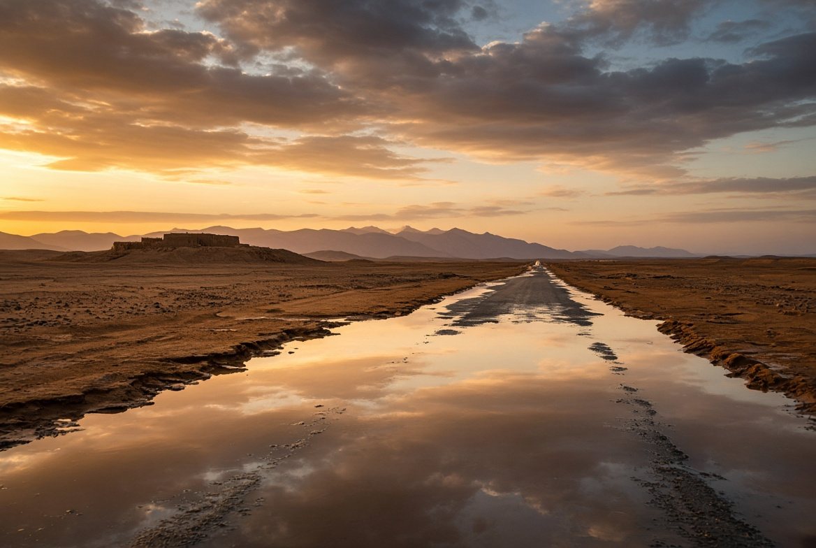 Concept study of a flooded road reflecting a wide sky.